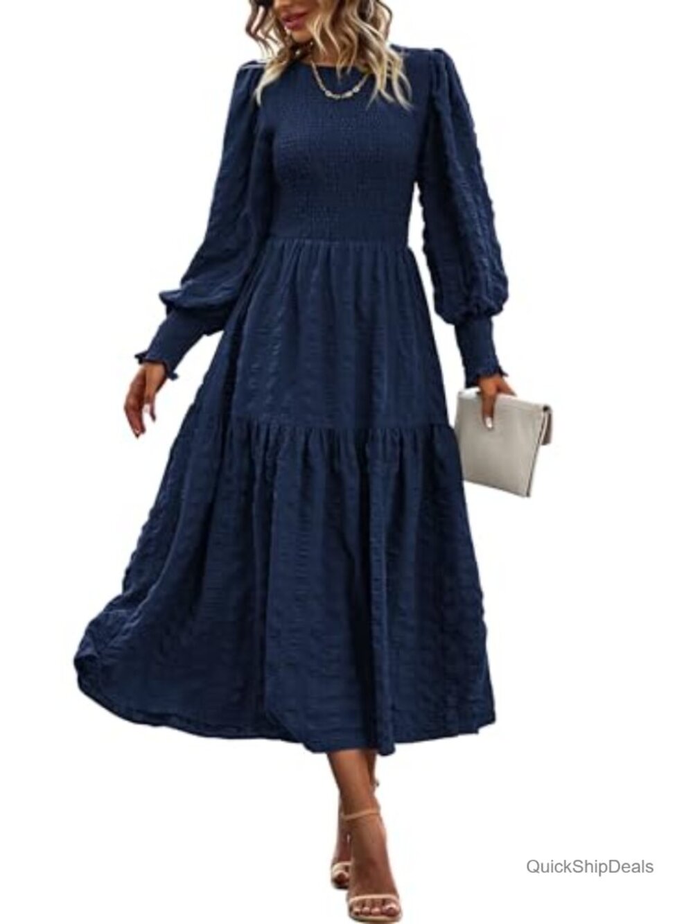 Women Long Sleeve Smocked Maxi Dress Puff Sleeve Empire Waist A-Line Flowy